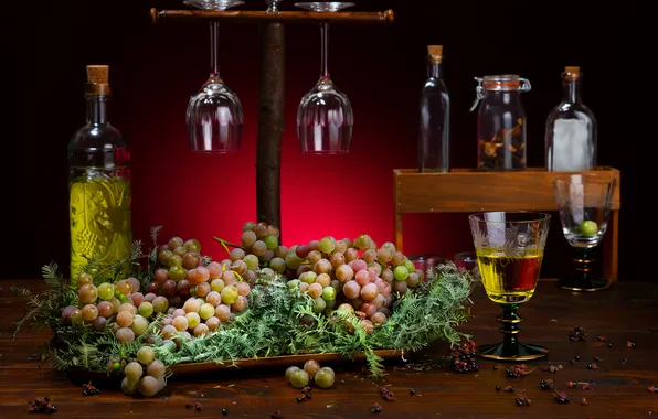 Greens, berries, the dark background, table, wine, Board, glasses, grapes