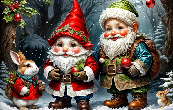 Winter, forest, snow, decoration, Christmas, creatures, rabbits, dwarves