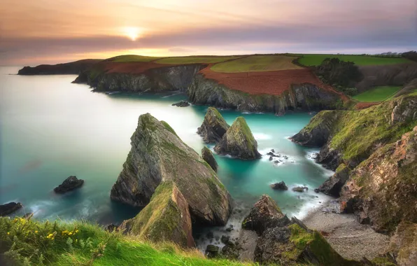 Sea, the sun, rocks, shore, view, morning