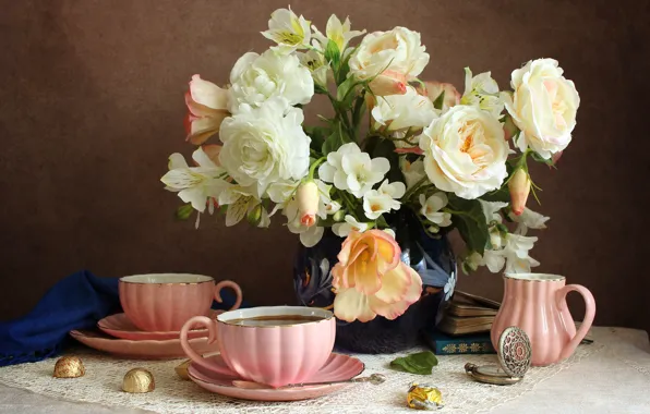 Flowers, watch, books, roses, candy, the tea party, Cup, vase