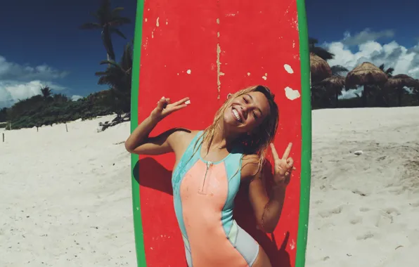 Beach, girl, smile, Board, beautiful, Alexis Ren