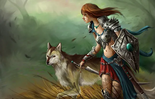 Picture grass, girl, the wind, patterns, wolf, sword, tattoo, art