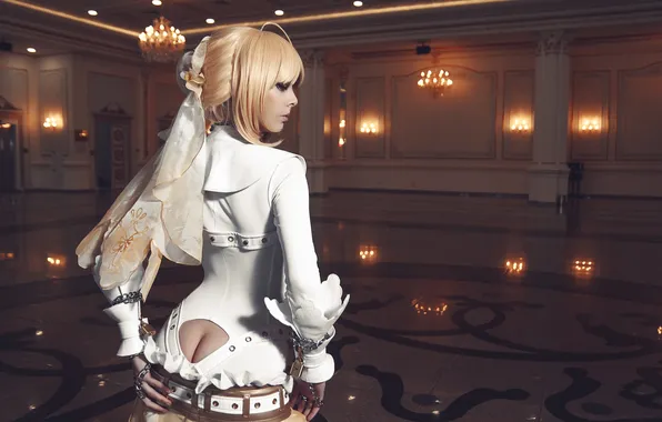 Girl, pose, hall, cosplay, Saber, Fate/Stay night