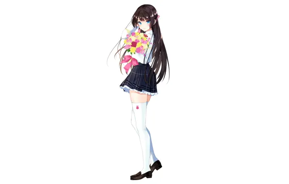 Girl, sexy, cleavage, school uniform, thighhighs, long hair, brown hair, boobs
