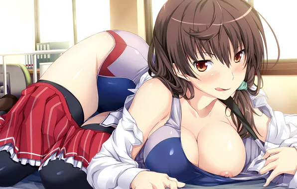 Girl, sexy, cleavage, school uniform, thighhighs, long hair, legs, brown hair