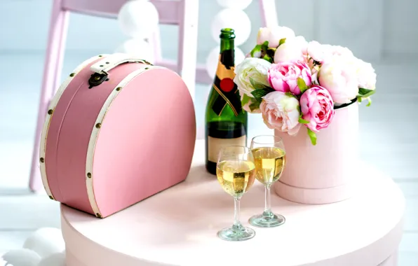 Flowers, table, pink, holiday, bottle, glasses, gifts, suitcase