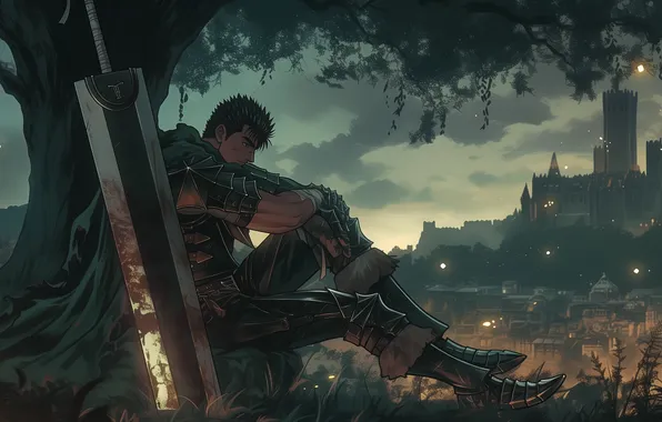 Night, castle, anime, art, Berserker, GATS, berserk, guts