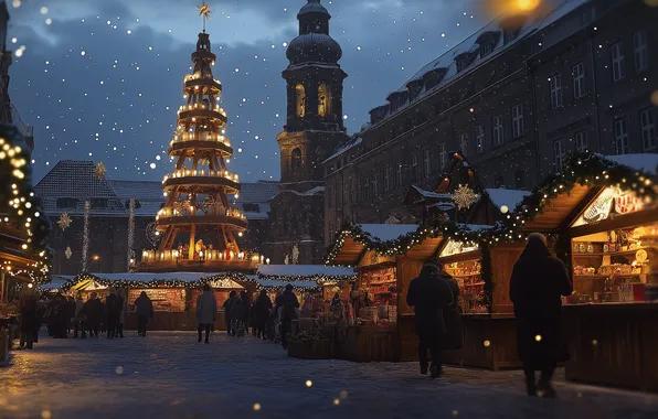 Night, the city, people, street, building, Christmas, New year, shopping arcade