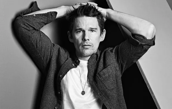 Picture pose, photo, portrait, actor, black and white, shirt, Ethan Hawke, Ethan Hawke