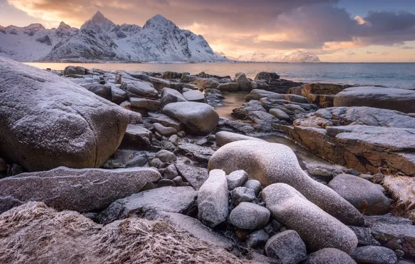 Snow, sunset, stones, Norway, Flakstad, Varied, Lofoten