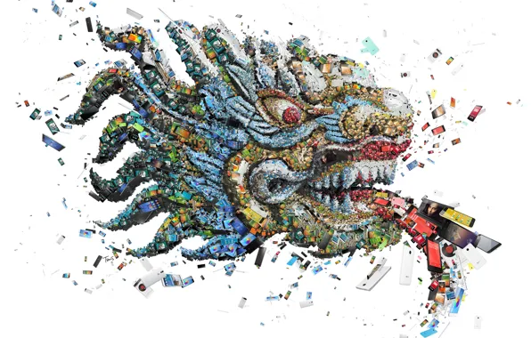 Mosaic, dragon, technology, smartphones