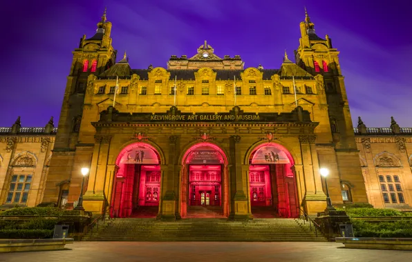 Night, Scotland, lights, Museum, Scotland, Glasgow, Museum, Houses