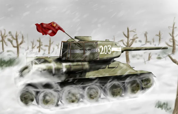 Picture winter, snow, figure, art, tank, USSR, Blizzard, WWII
