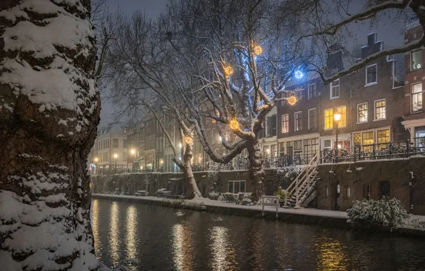 Picture winter, snow, trees, building, home, channel, Netherlands, Netherlands