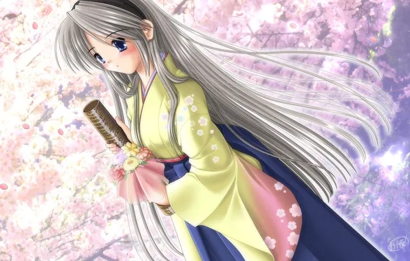 Flowers, spring, anime, Sakura, art, girl