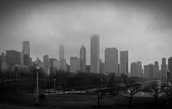 Fog, skyscrapers, b/W, Chicago, Chicago