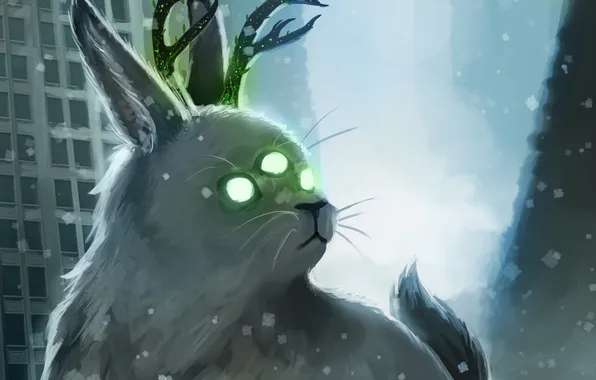 Winter, cat, snow, art, horns, mutant, romance of the Apocalypse, romantically apocalyptic