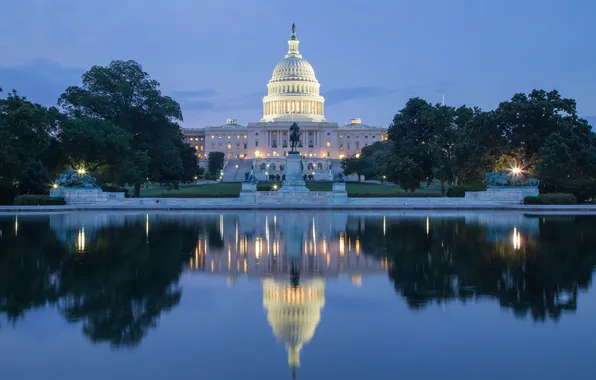 Picture the sky, trees, lights, reflection, lawn, the evening, monument, Washington