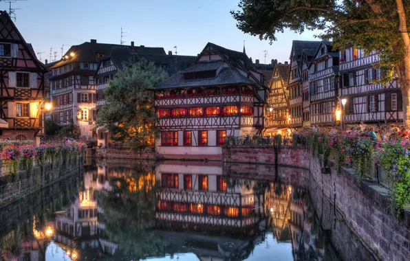 Picture flowers, lights, France, home, the evening, channel, Strasbourg, Fachwerk