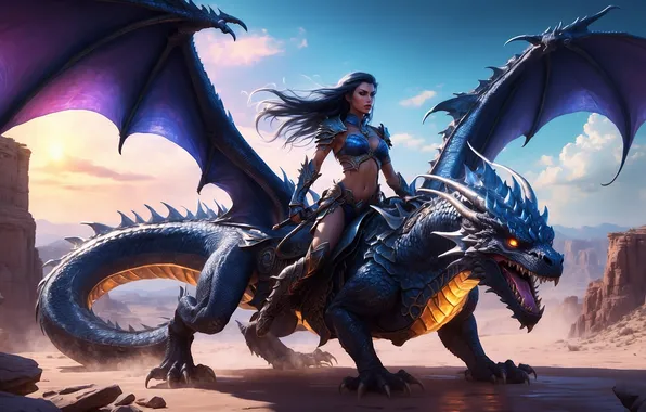 Girl, desert, dragon, rider, fantasy, rider