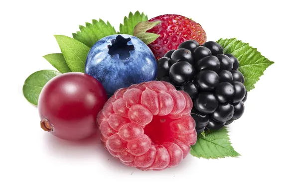 Picture leaves, close-up, berries, raspberry, blueberries, strawberry, white background, currants