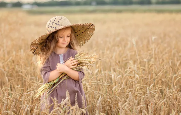 Picture field, nature, hat, dress, girl, ears, child, Victoria Dubrovskaya