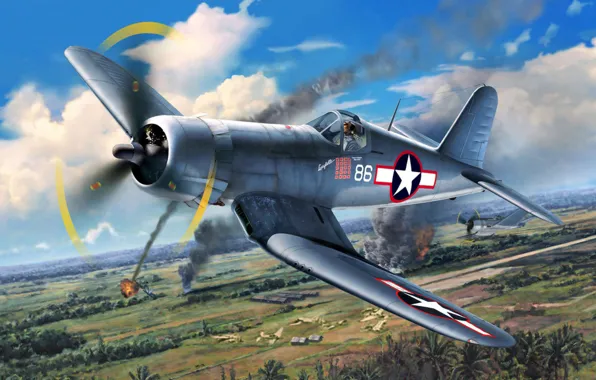 War, art, airplane, painting, aviation, ww2, Vought F4U Corsair