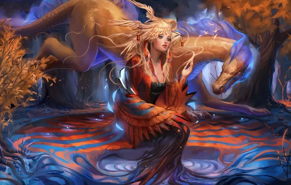 Picture forest, girl, birds, magic, dragon, wings, being, feathers
