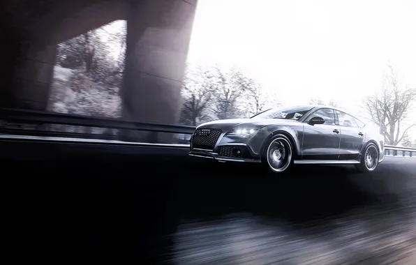 Road, trees, bridge, Audi, speed, track, silver, Audi RS7