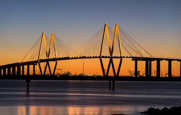 Bridge, the city, river, Texas, rasvet, Baytown, Fred Hartman bridge
