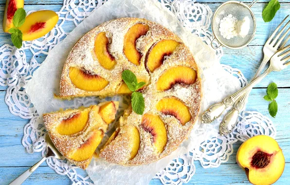 Picture pie, mint, peach, cakes, fork, powdered sugar
