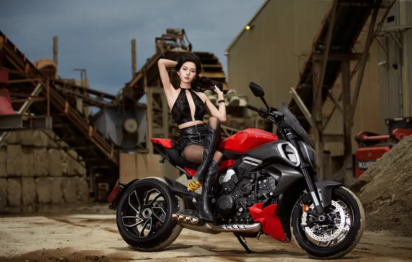 Girl, pose, shorts, boots, hands, figure, motorcycle, legs
