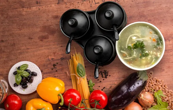 Food, soup, eggplant, dishes, pepper, bowl, vegetables, tomatoes
