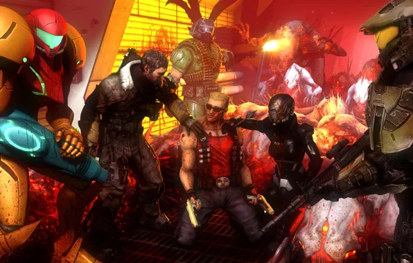 Dead space, halo, crossover, by nukem, isaac clarke, samus aran, metroid, doom