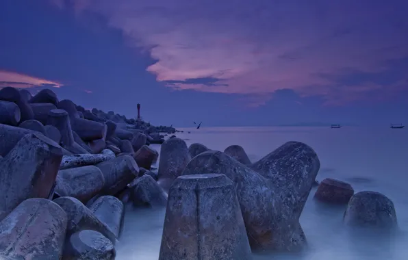 Rock, beach, sunrise, lighthouse, rusila
