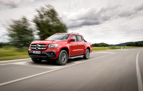 Picture red, Mercedes-Benz, pickup, 2018, on the road, X-Class