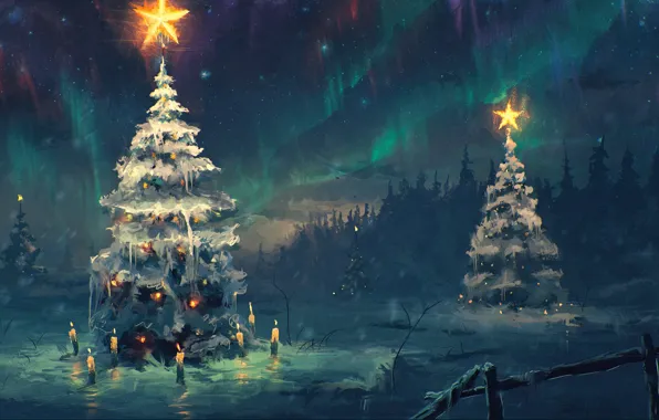 Winter, the sky, stars, snow, night, star, tree, new year