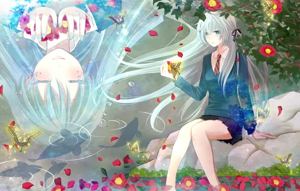 Picture water, girl, flowers, butterfly, petals, tears, art, vocaloid