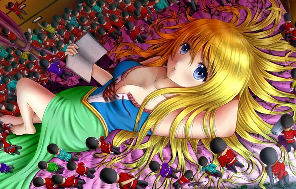 Girl, art, book, records, figures, lying, soldiers, ilolamai