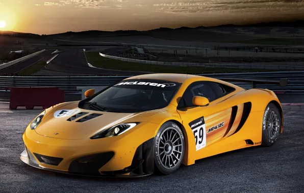 The sky, the sun, clouds, sunset, yellow, gt3, racing track, mclaren