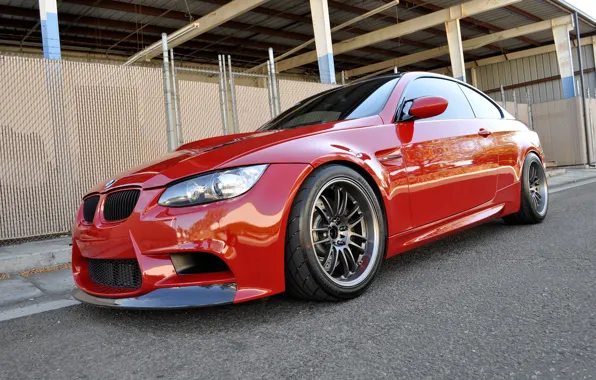 Picture red, bmw, BMW, the fence, canopy, red, side view, e92