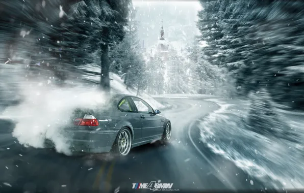 Winter, car, machine, auto, forest, city, fog, race