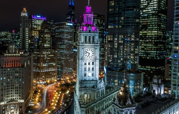 Night, lights, watch, tower, home, Chicago, USA, Il