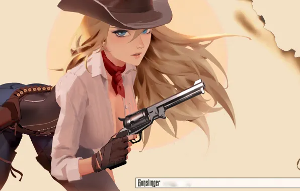 Girl, gun, weapon, hat, anime, art, blue eyes, blonde