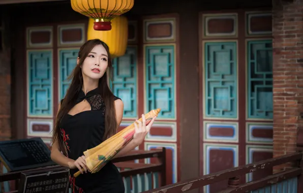 Girl, umbrella, dress, Asian, graceful