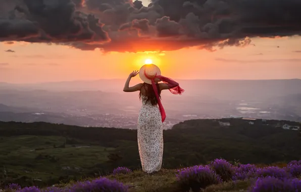 Summer, the sky, girl, the sun, flowers, mountains, clouds, nature