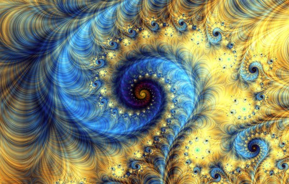 Yellow, abstraction, blue, pattern, spiral, fractal, ornament, center