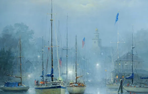 The city, fog, picture, boats, harbour, Harvey G
