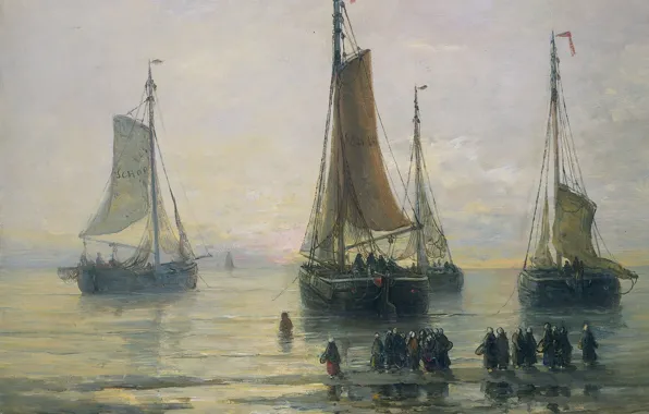 People, boat, ship, oil, picture, sail, canvas, seascape