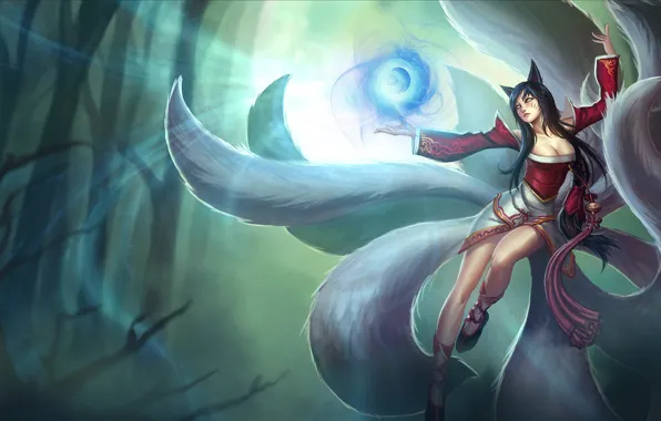 Forest, girl, magic, ears, League of Legends, tails, LoL, Ahri